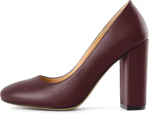 SAMMITOP Women's Round Toe Block Heel Pumps Slip On Chunky High Heels Classic Dress Shoes for Wedding Party Events 4''