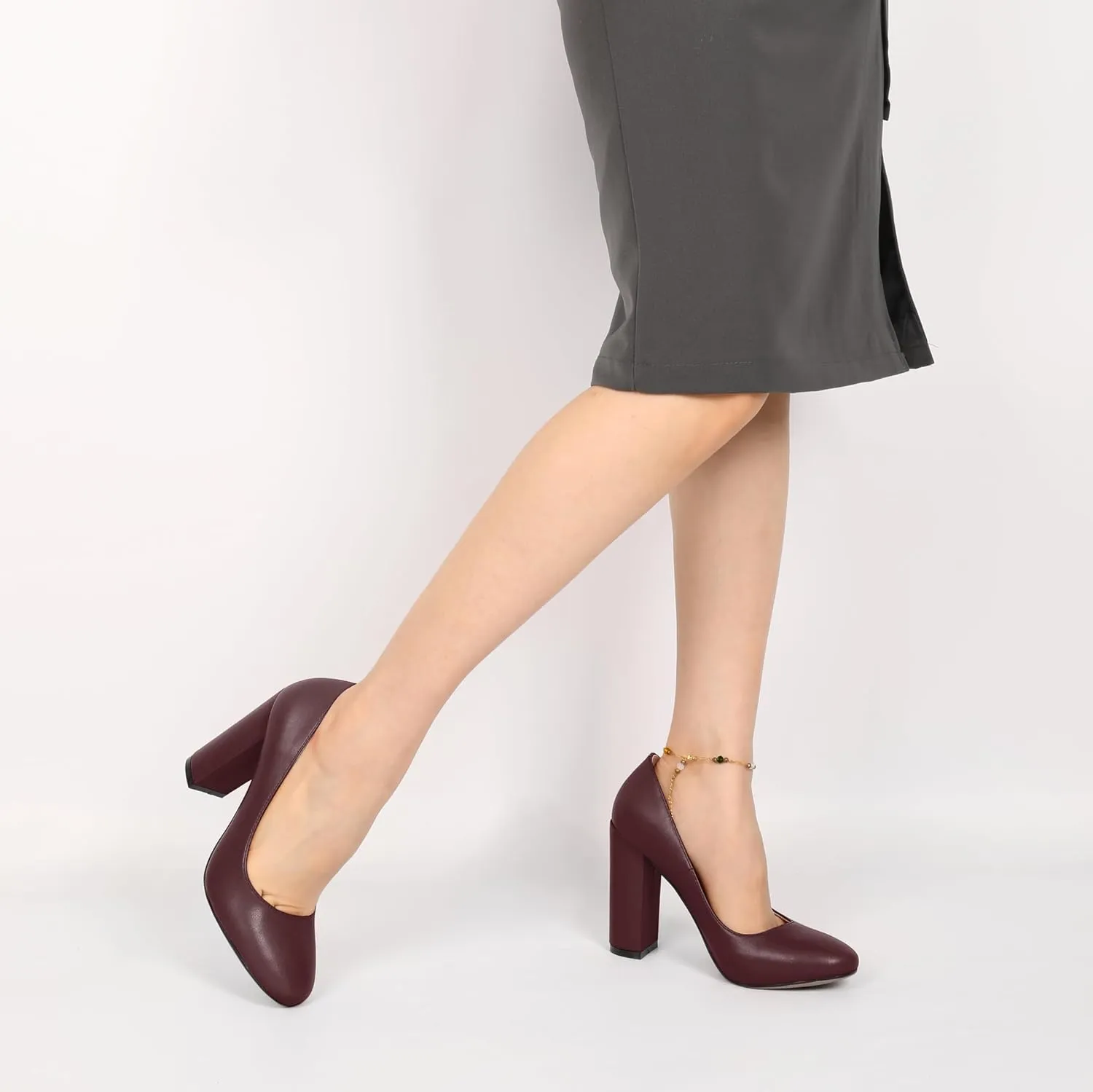 SAMMITOP Women's Round Toe Block Heel Pumps Slip On Chunky High Heels Classic Dress Shoes for Wedding Party Events 4''
