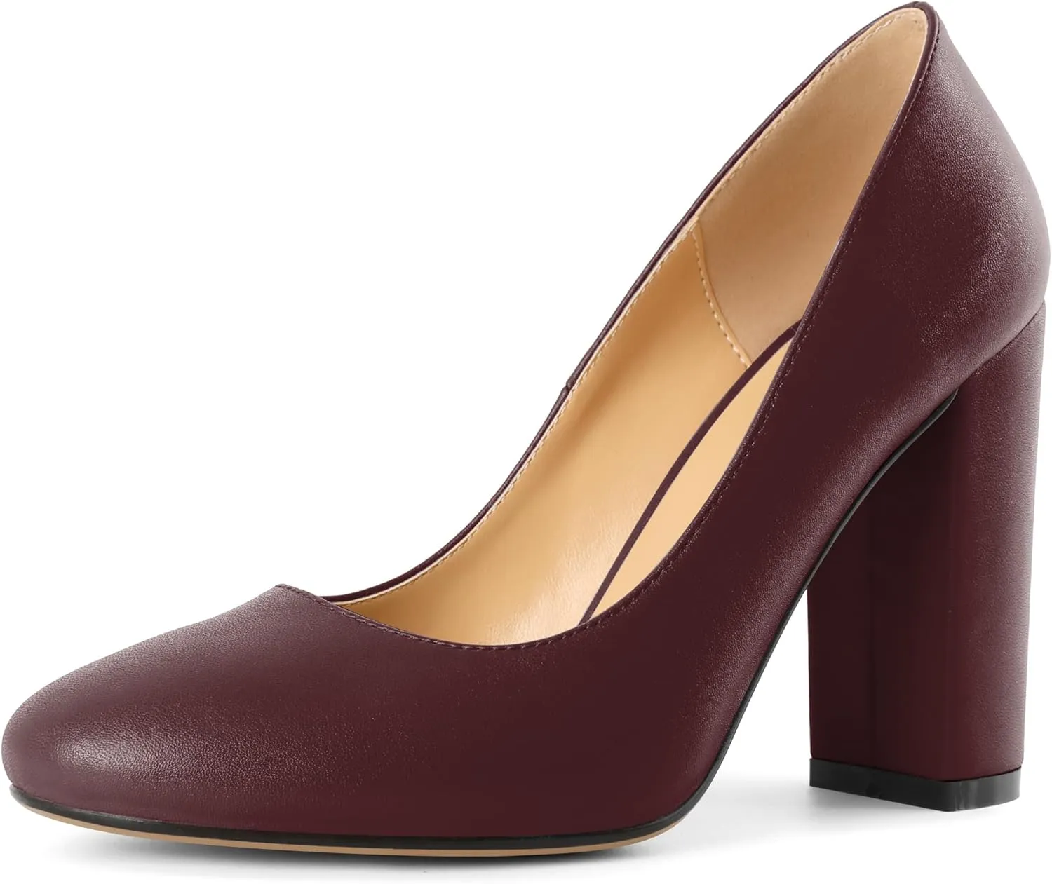 SAMMITOP Women's Round Toe Block Heel Pumps Slip On Chunky High Heels Classic Dress Shoes for Wedding Party Events 4''