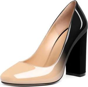 SAMMITOP Women's Round Toe Block Heel Pumps Slip On Chunky Patent High Heels Classic Wedding Dress Shoes for Party Events 4 Inches