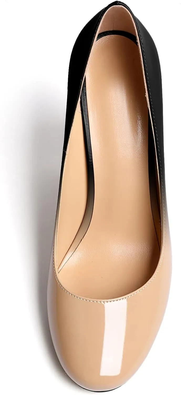 SAMMITOP Women's Round Toe Block Heel Pumps Slip On Chunky Patent High Heels Classic Wedding Dress Shoes for Party Events 4 Inches