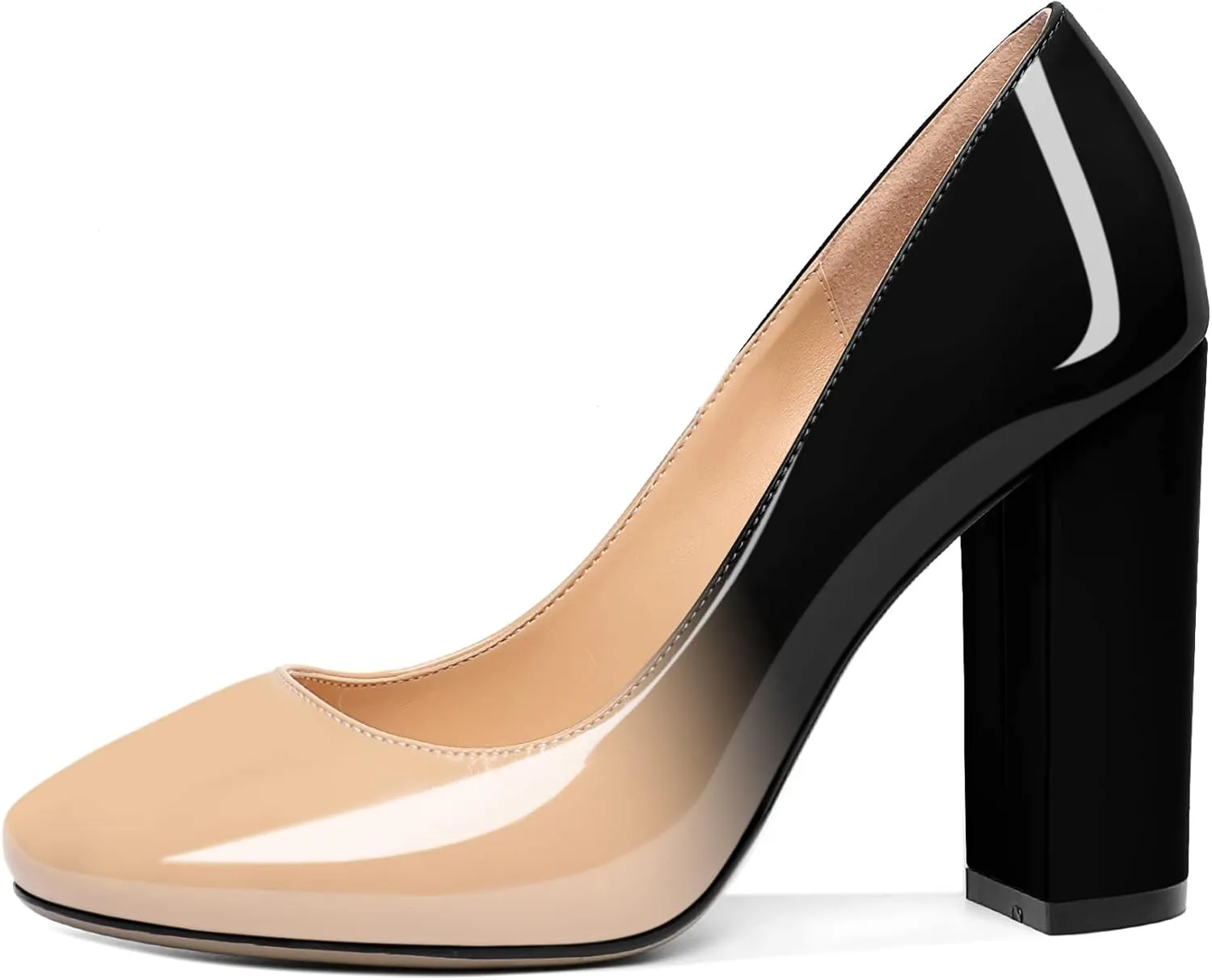 SAMMITOP Women's Round Toe Block Heel Pumps Slip On Chunky Patent High Heels Classic Wedding Dress Shoes for Party Events 4 Inches