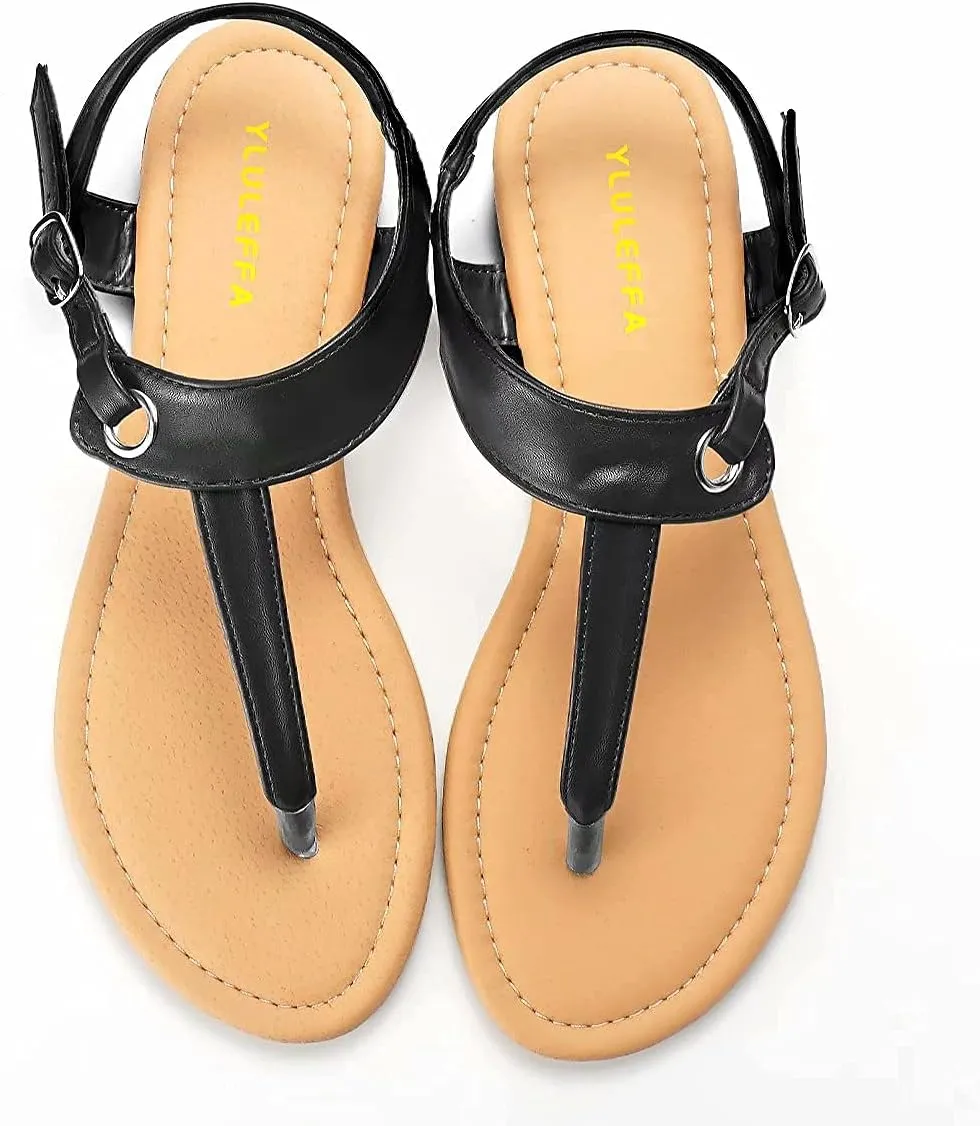 Sandals for women - Womens Comfortable Cute Flat Thong Sandals - Women’s Summer Sandal Shoes with Adjustable Ankle Buckle T-Strap