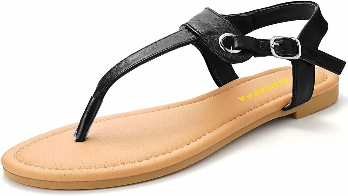 Sandals for women - Womens Comfortable Cute Flat Thong Sandals - Women’s Summer Sandal Shoes with Adjustable Ankle Buckle T-Strap