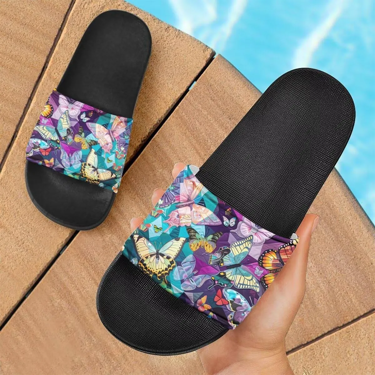 Sandals Women Comfortable Lightweight Summer Sandals Non Slip Slides Butterfly Print Beach Hotel Indoor Outdoor