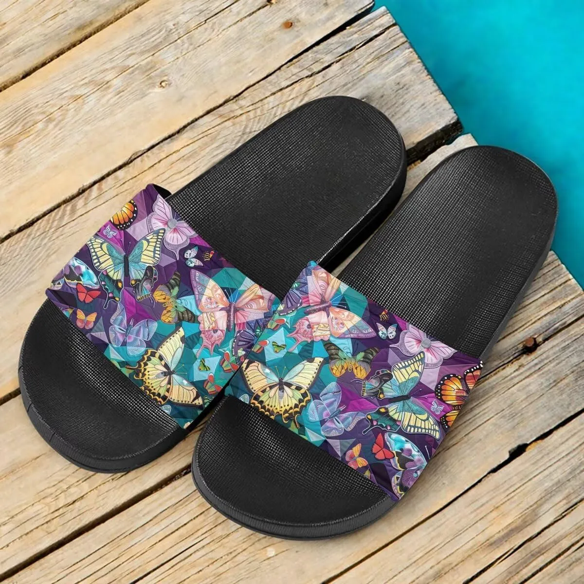 Sandals Women Comfortable Lightweight Summer Sandals Non Slip Slides Butterfly Print Beach Hotel Indoor Outdoor