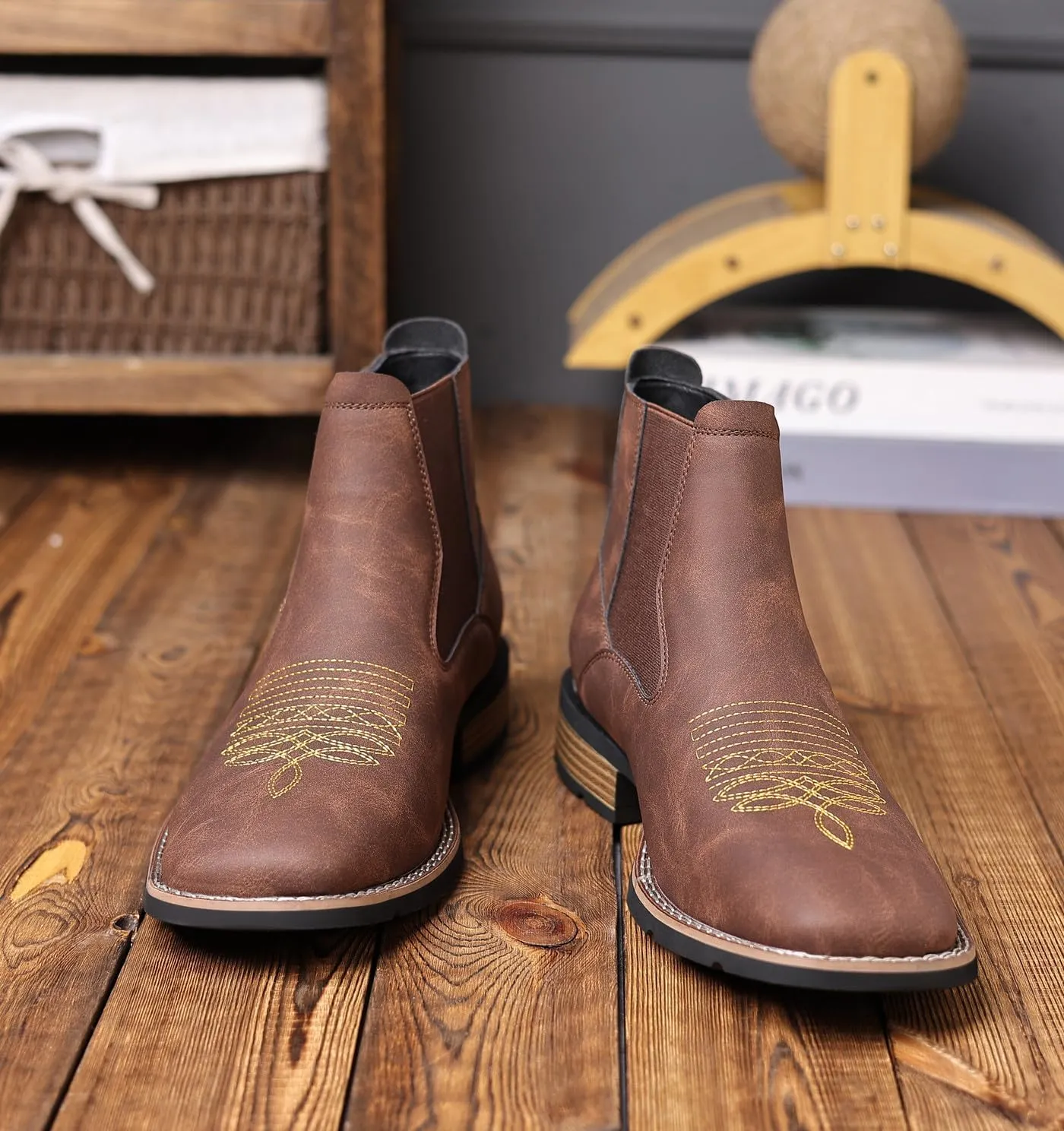 Santimon Men's Square Toe Chelsea Boots, Ankle High, Slip-On, Anti-Slip Dress Casual Outdoor Boots