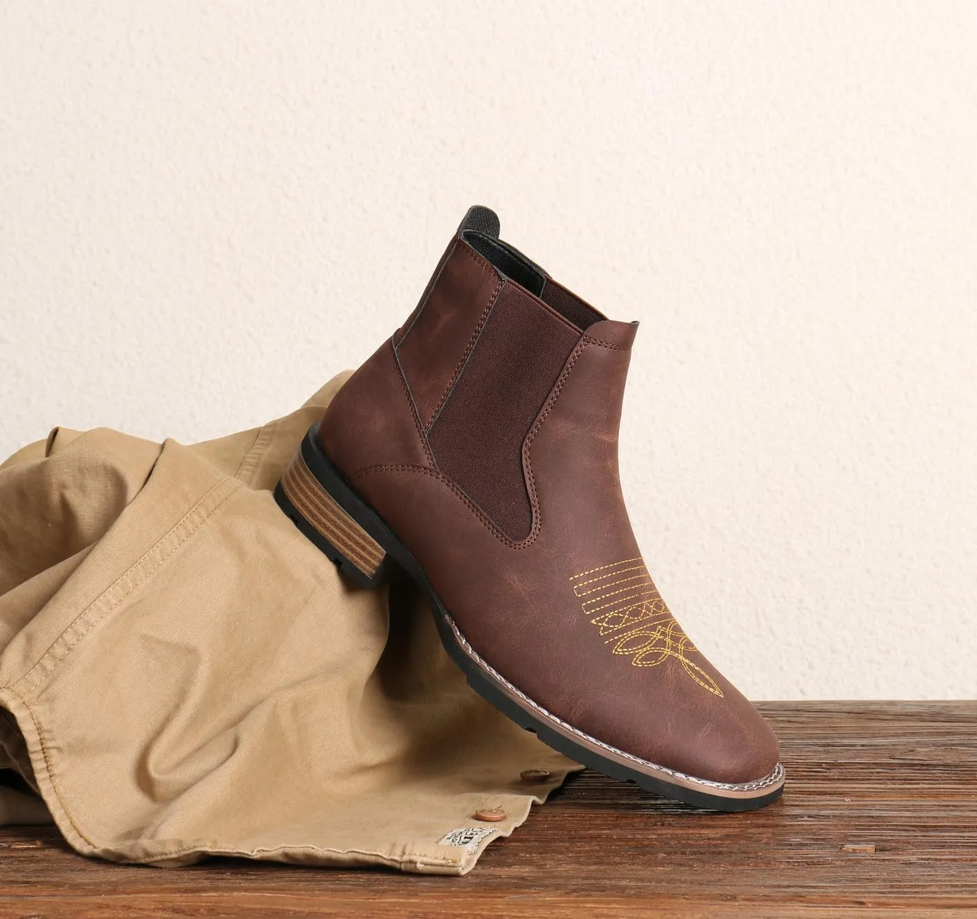 Santimon Men's Square Toe Chelsea Boots, Ankle High, Slip-On, Anti-Slip Dress Casual Outdoor Boots