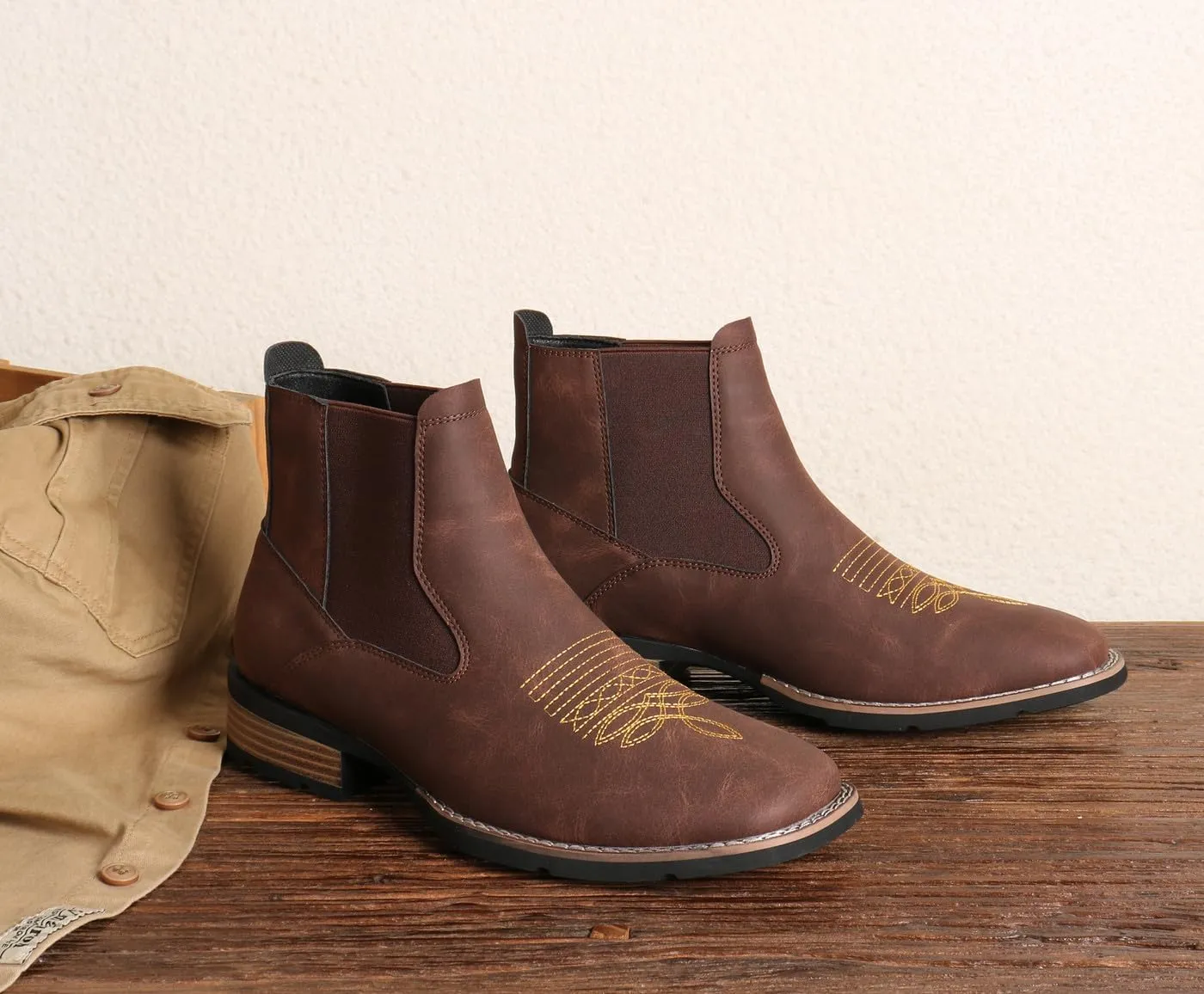 Santimon Men's Square Toe Chelsea Boots, Ankle High, Slip-On, Anti-Slip Dress Casual Outdoor Boots