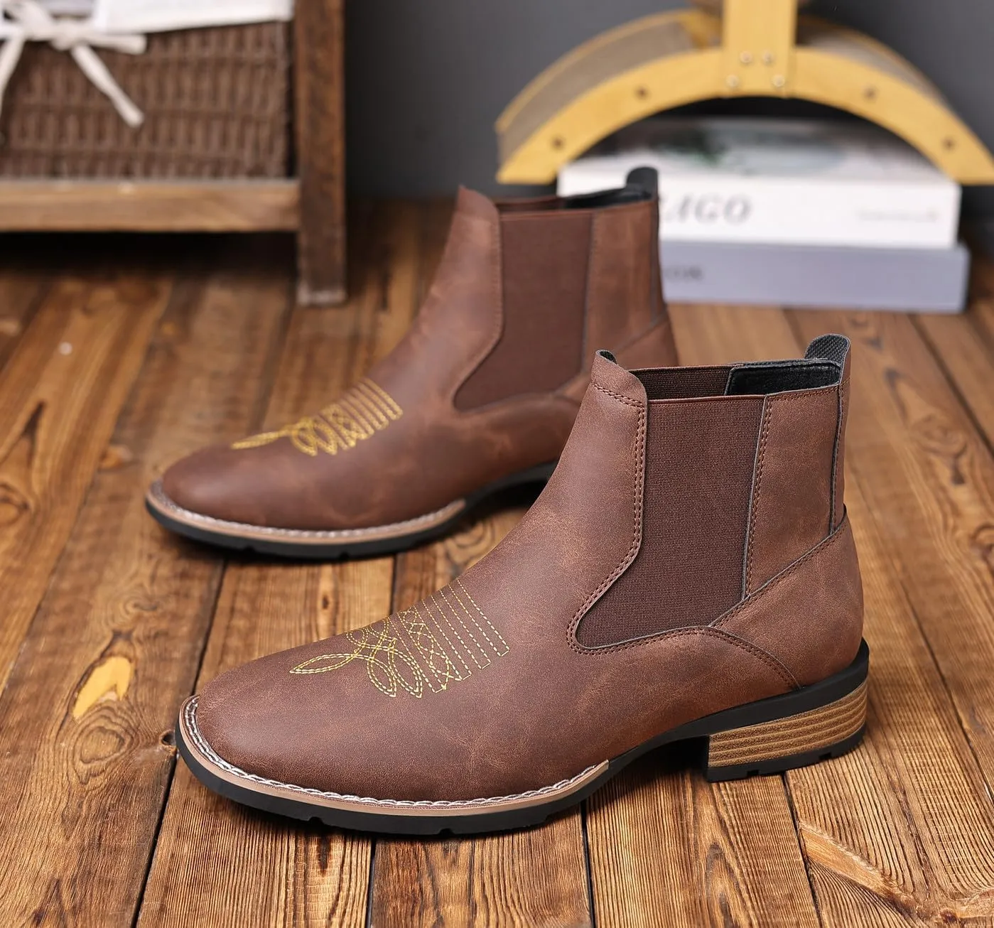 Santimon Men's Square Toe Chelsea Boots, Ankle High, Slip-On, Anti-Slip Dress Casual Outdoor Boots