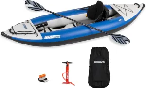 Sea Eagle 300X Explorer Touring, Camping, Fishing Whitewater Inflatable Kayak, Solo, Self-Bailing, Drop Stitch Floor-Paddle, Seat, Pump, Skeg, Bag