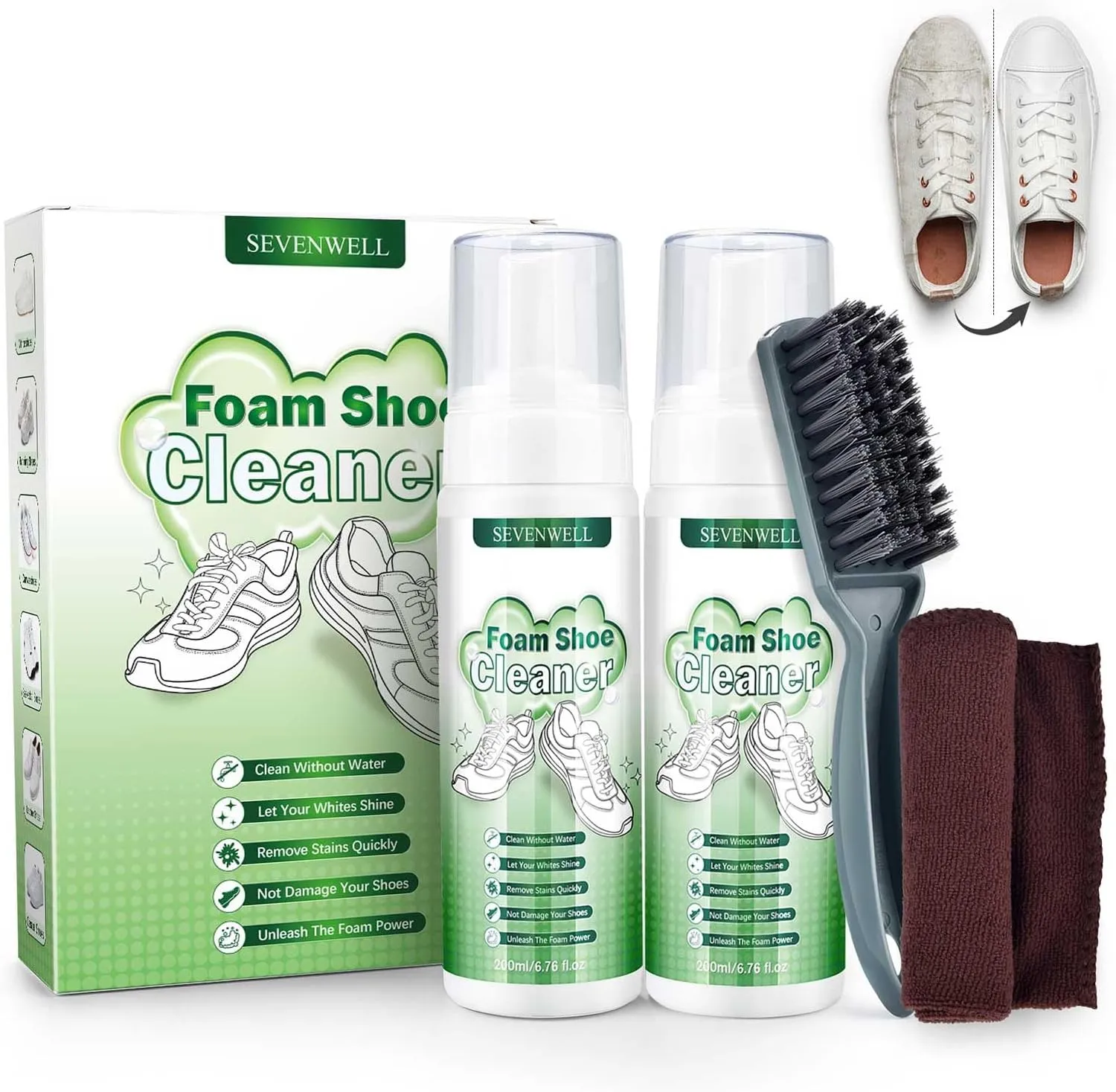 SEVENWELL Foam Shoe Cleaning, 13.5 Oz White Shoe Sneaker Cleaner Removes with Brush and Towel Work on Leather, Knit, Boots, Canvas, Suede, PU (Waterless Foam Shoe Cleaner)