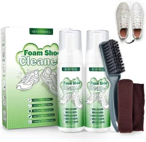 SEVENWELL Foam Shoe Cleaning, 13.5 Oz White Shoe Sneaker Cleaner Removes with Brush and Towel Work on Leather, Knit, Boots, Canvas, Suede, PU (Waterless Foam Shoe Cleaner)