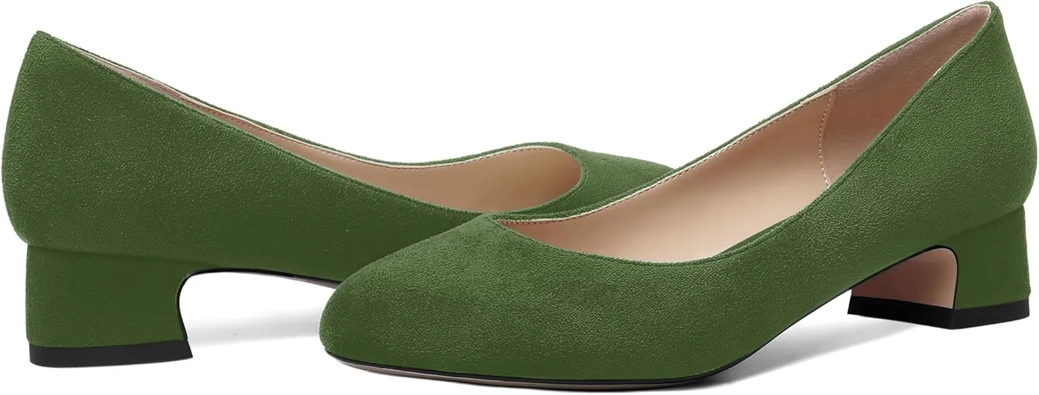 SHOWFOREST Womens Dress Solid Business Suede Round Toe Slip On Chunky Low Heel Pumps Shoes 1.5 Inch