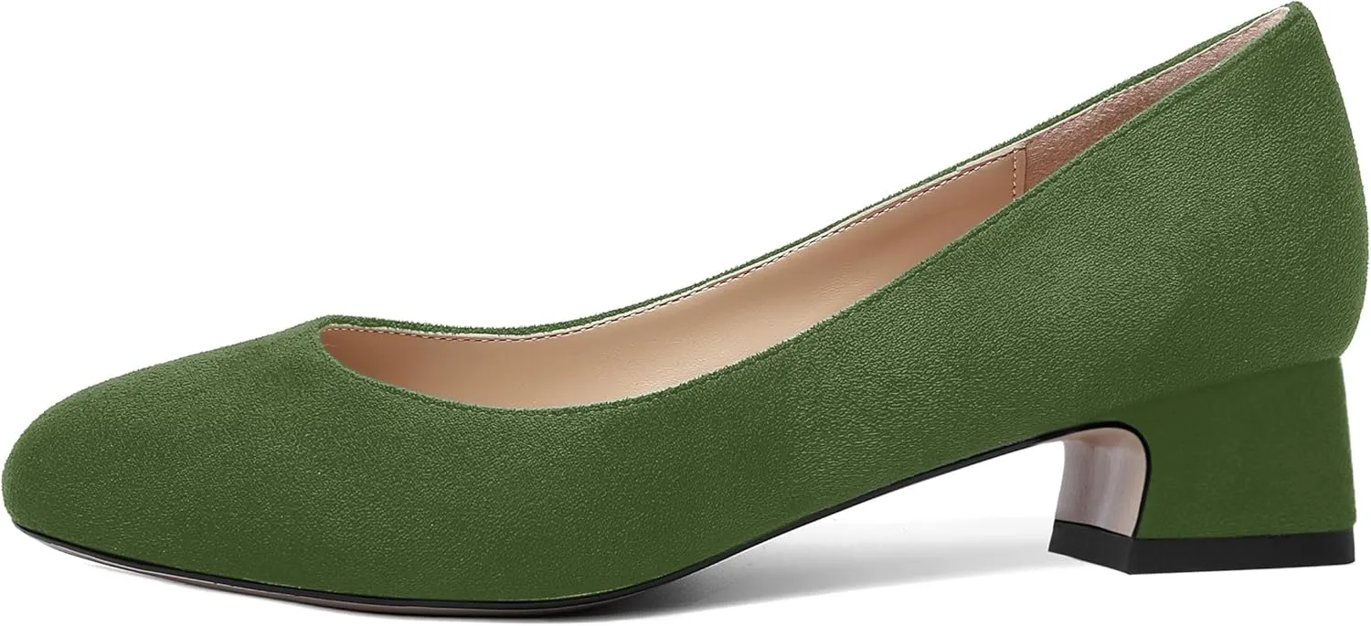 SHOWFOREST Womens Dress Solid Business Suede Round Toe Slip On Chunky Low Heel Pumps Shoes 1.5 Inch