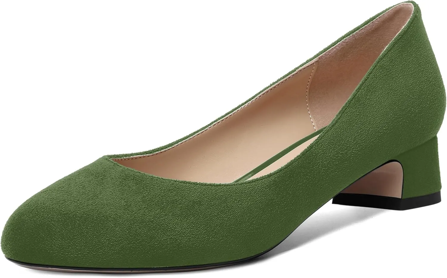 SHOWFOREST Womens Dress Solid Business Suede Round Toe Slip On Chunky Low Heel Pumps Shoes 1.5 Inch