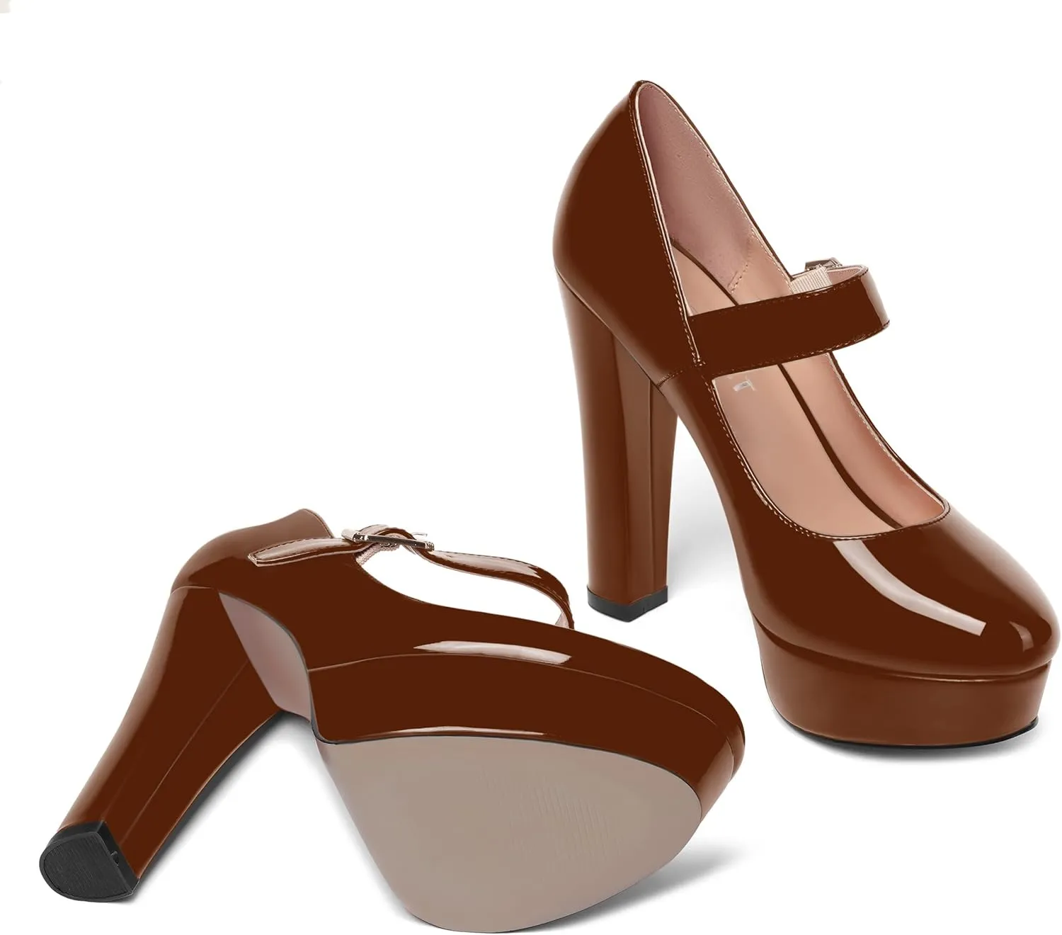 SHOWFOREST Womens Slip On Adjustable Strap Patent Party Platform Sexy Round Toe Block High Heel Pumps Shoes 5 Inch