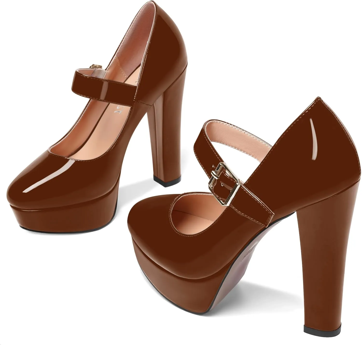 SHOWFOREST Womens Slip On Adjustable Strap Patent Party Platform Sexy Round Toe Block High Heel Pumps Shoes 5 Inch
