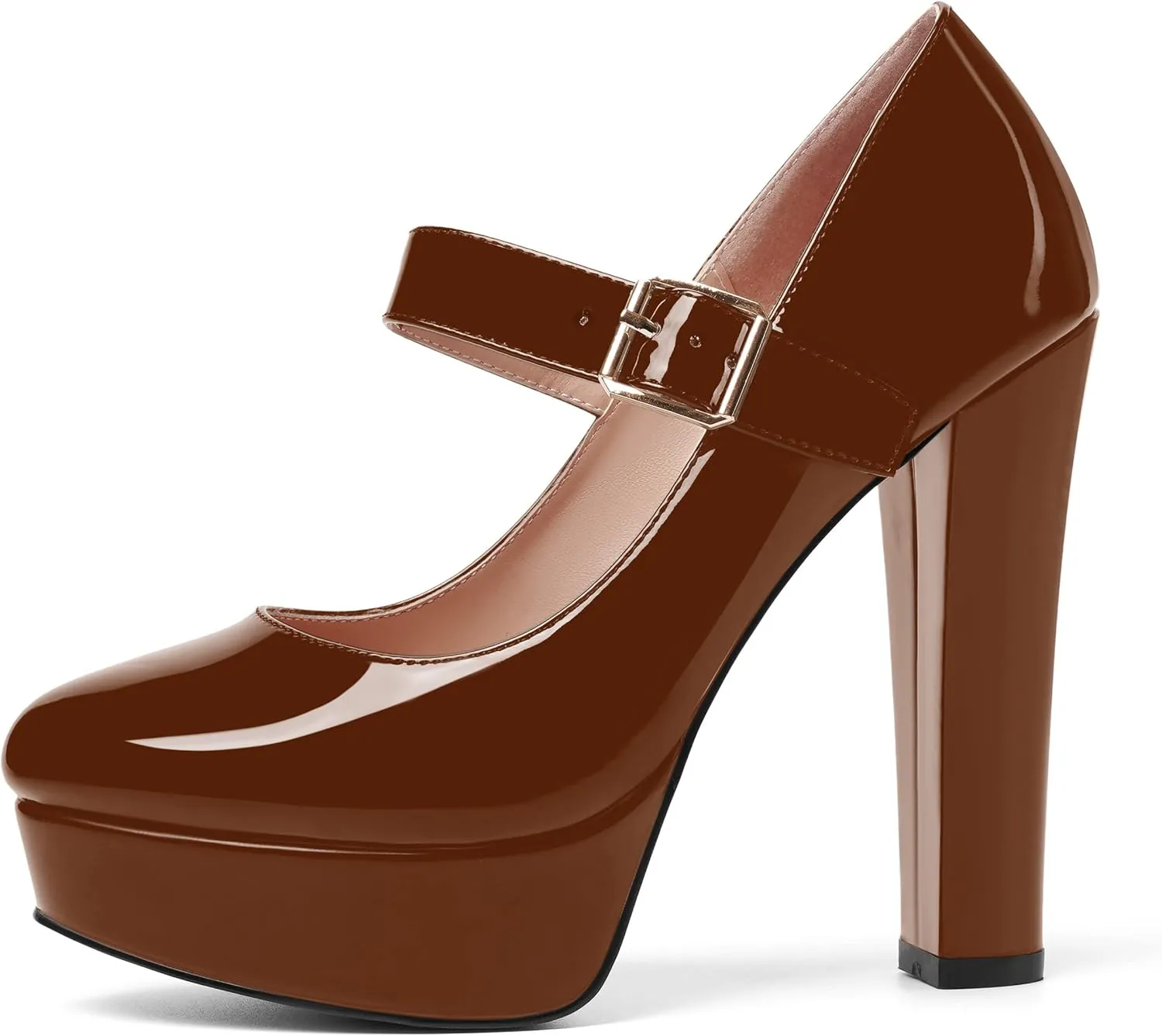 SHOWFOREST Womens Slip On Adjustable Strap Patent Party Platform Sexy Round Toe Block High Heel Pumps Shoes 5 Inch