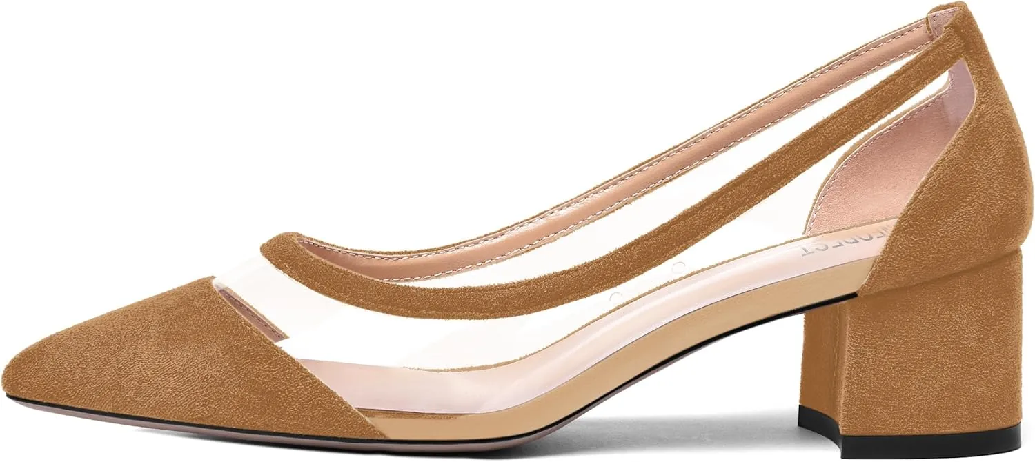 SHOWFOREST Womens Solid Clear Dress Slip On Pointed Toe Suede Dating Chunky Low Heel Pumps Shoes 2 Inch