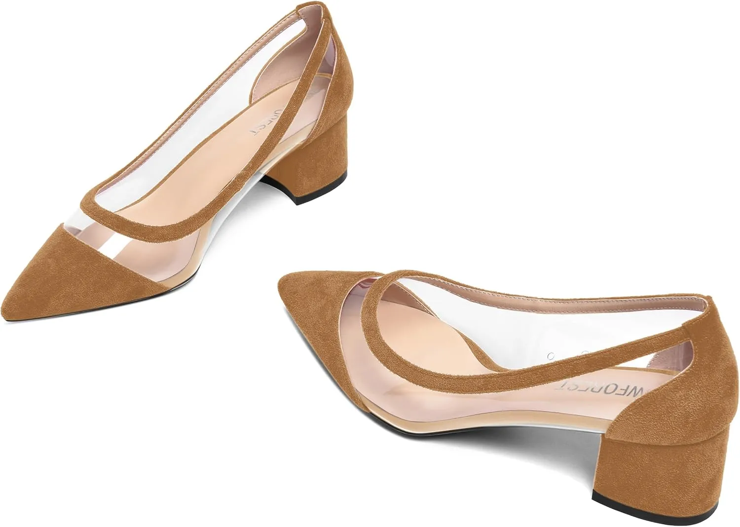 SHOWFOREST Womens Solid Clear Dress Slip On Pointed Toe Suede Dating Chunky Low Heel Pumps Shoes 2 Inch
