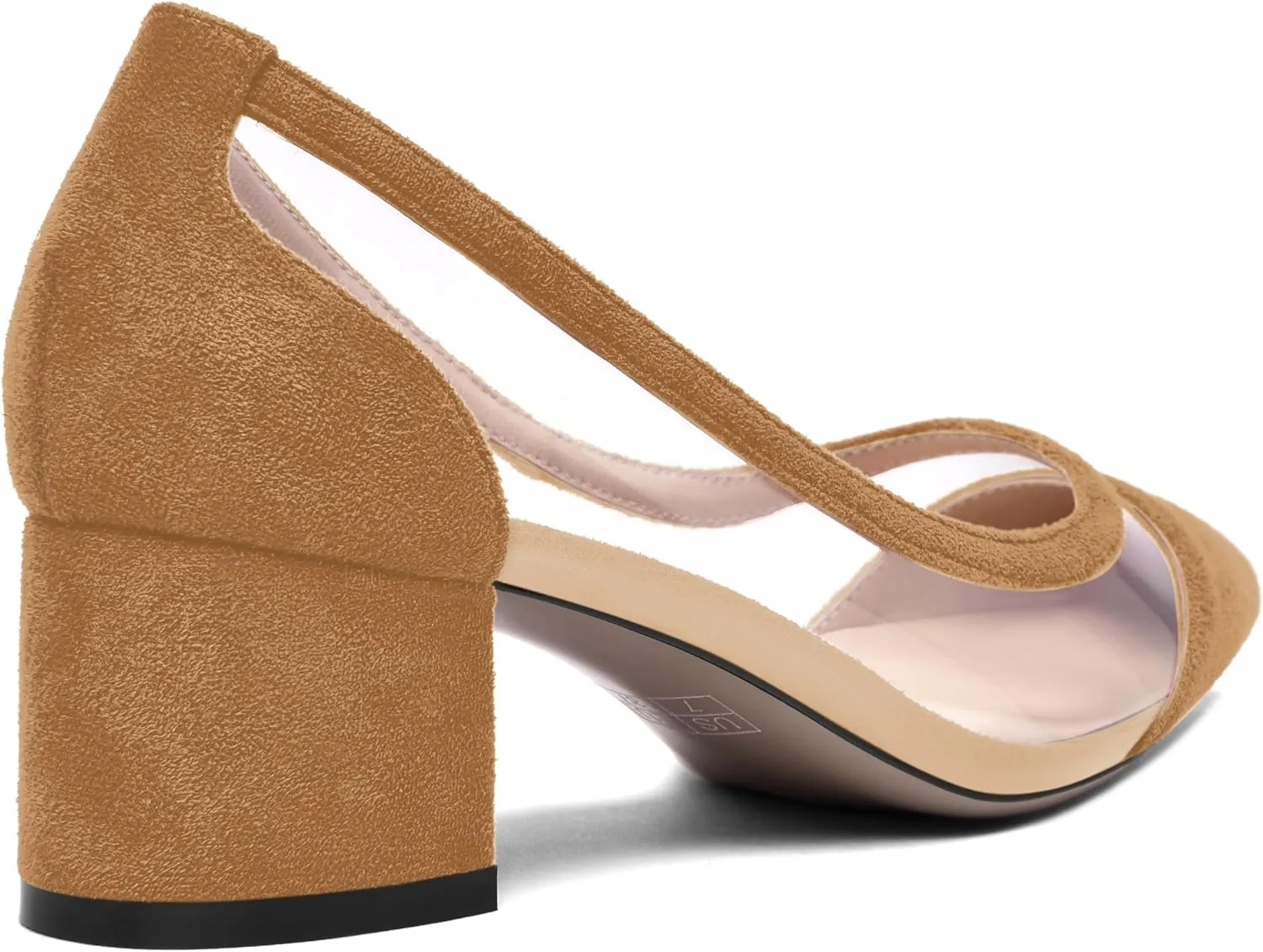 SHOWFOREST Womens Solid Clear Dress Slip On Pointed Toe Suede Dating Chunky Low Heel Pumps Shoes 2 Inch
