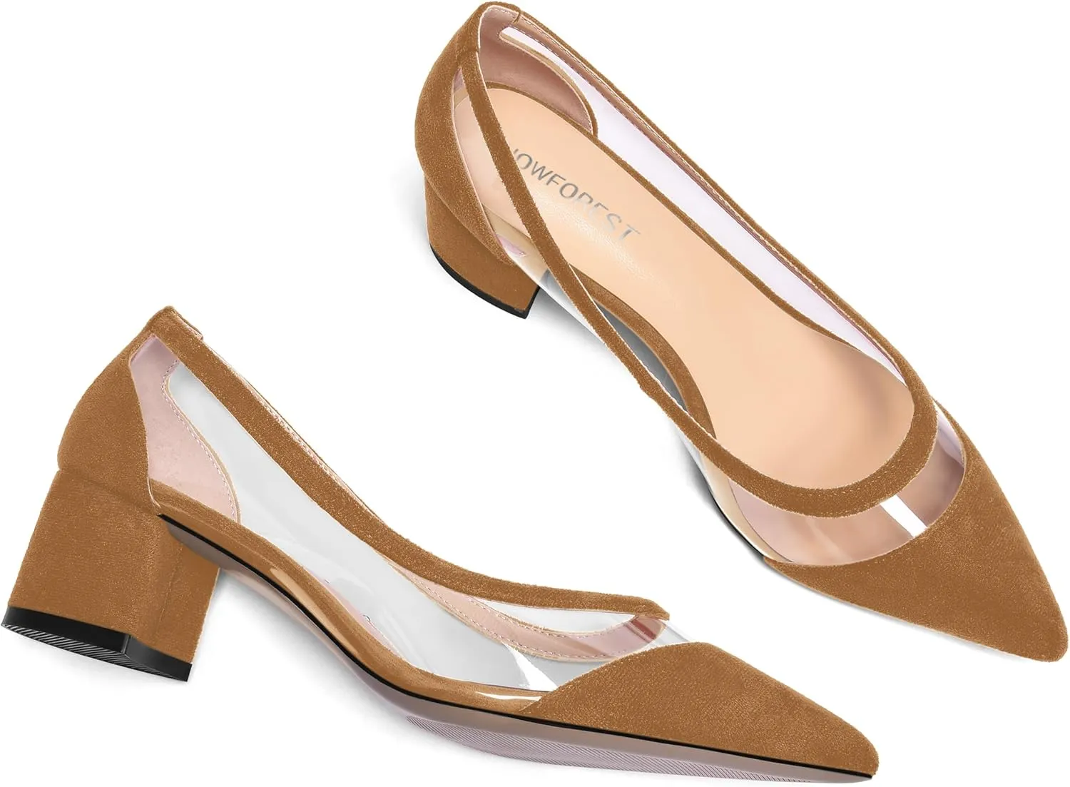 SHOWFOREST Womens Solid Clear Dress Slip On Pointed Toe Suede Dating Chunky Low Heel Pumps Shoes 2 Inch