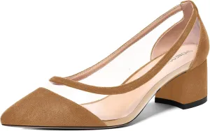 SHOWFOREST Womens Solid Clear Dress Slip On Pointed Toe Suede Dating Chunky Low Heel Pumps Shoes 2 Inch
