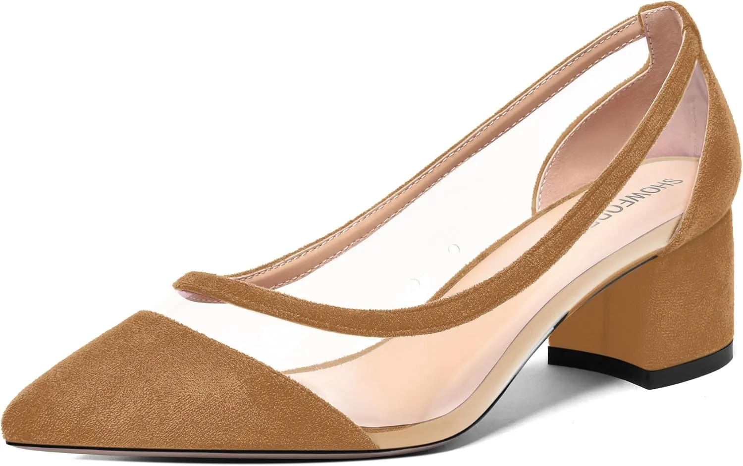 SHOWFOREST Womens Solid Clear Dress Slip On Pointed Toe Suede Dating Chunky Low Heel Pumps Shoes 2 Inch