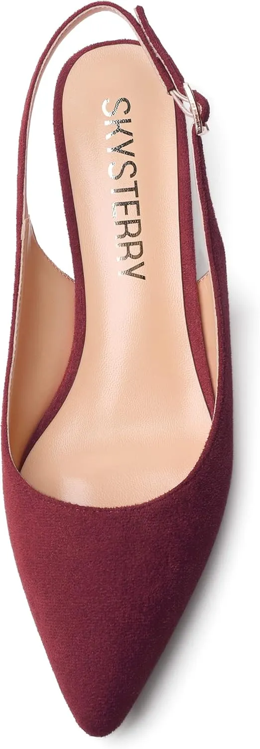 SKYSTERRY Womens Casual Pointed Toe Suede Slip On Wedding Slingback Kitten Low Heel Pumps Shoes 1.5 Inch