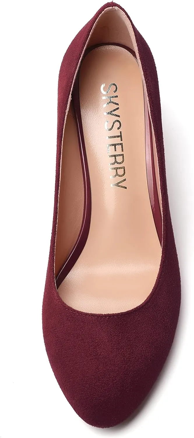SKYSTERRY Womens Cute Round Toe Slip On Suede Wedding Block Mid Heel Pumps Shoes 2.5 Inch