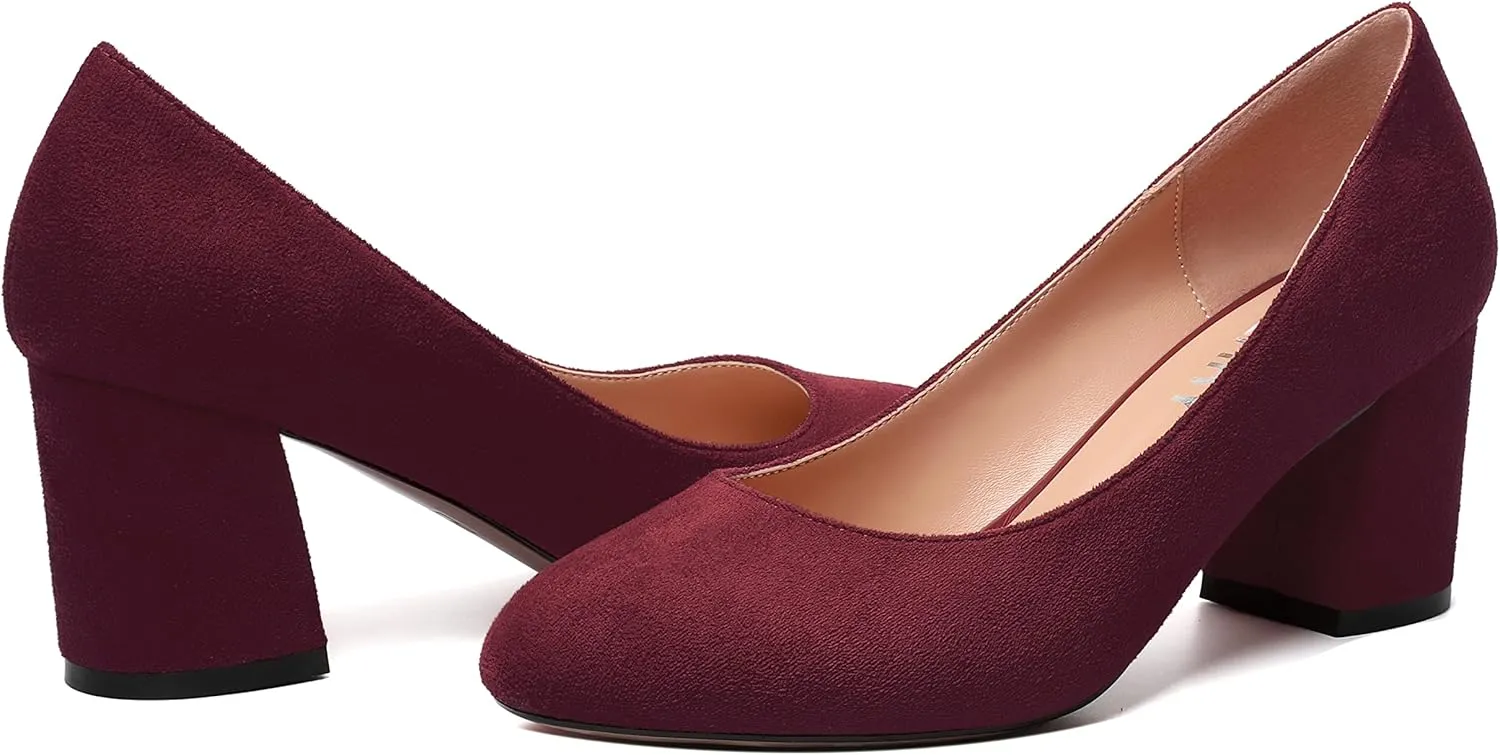 SKYSTERRY Womens Cute Round Toe Slip On Suede Wedding Block Mid Heel Pumps Shoes 2.5 Inch