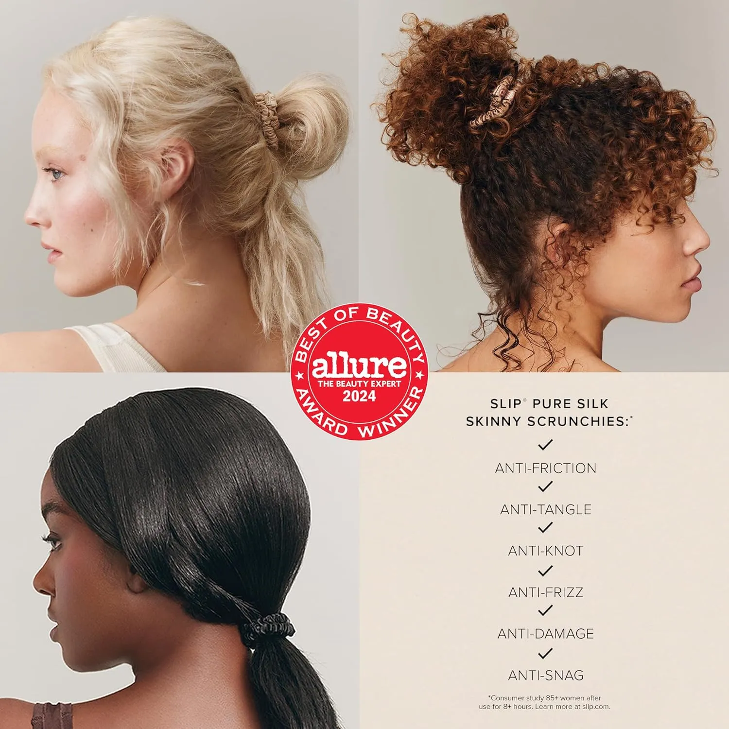 slip Skinny Scrunchies: Anti-Crease, Anti-Breakage Slipsilk™ Design Protects Delicate Hair | Includes 4 Pure Silk Scrunchies, White