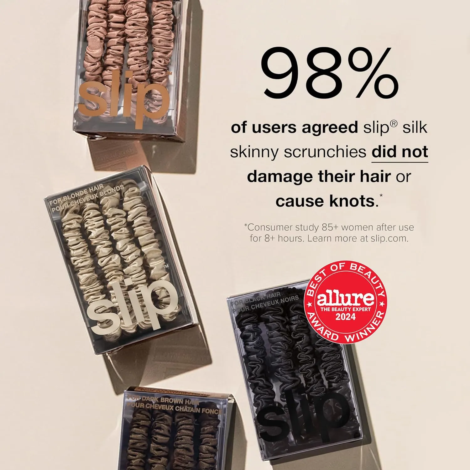 slip Skinny Scrunchies: Anti-Crease, Anti-Breakage Slipsilk™ Design Protects Delicate Hair | Includes 4 Pure Silk Scrunchies, White