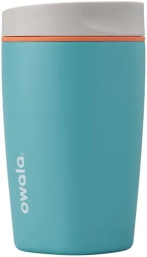 SmoothSip Slider Insulated Stainless Steel Coffee Tumbler, Reusable Iced Coffee Cup, Hot Coffee Travel Mug, BPA Free 12 oz, Grey/Blue (Beachy Breeze)