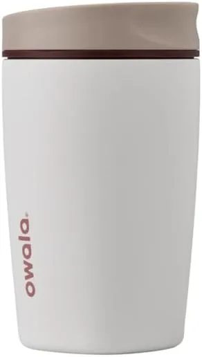 SmoothSip Slider Insulated Stainless Steel Coffee Tumbler, Reusable Iced Coffee Cup, Hot Coffee Travel Mug, BPA Free 12 oz, Tan/White (Vanilla Bean)