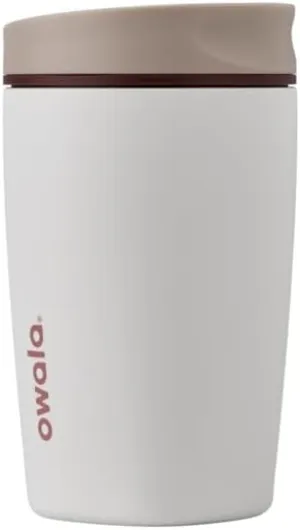 SmoothSip Slider Insulated Stainless Steel Coffee Tumbler, Reusable Iced Coffee Cup, Hot Coffee Travel Mug, BPA Free 12 oz, Tan/White (Vanilla Bean)