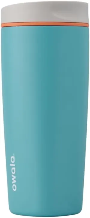 SmoothSip Slider Insulated Stainless Steel Coffee Tumbler, Reusable Iced Coffee Cup, Hot Coffee Travel Mug, BPA Free 20 oz, Grey/Blue (Beachy Breeze)