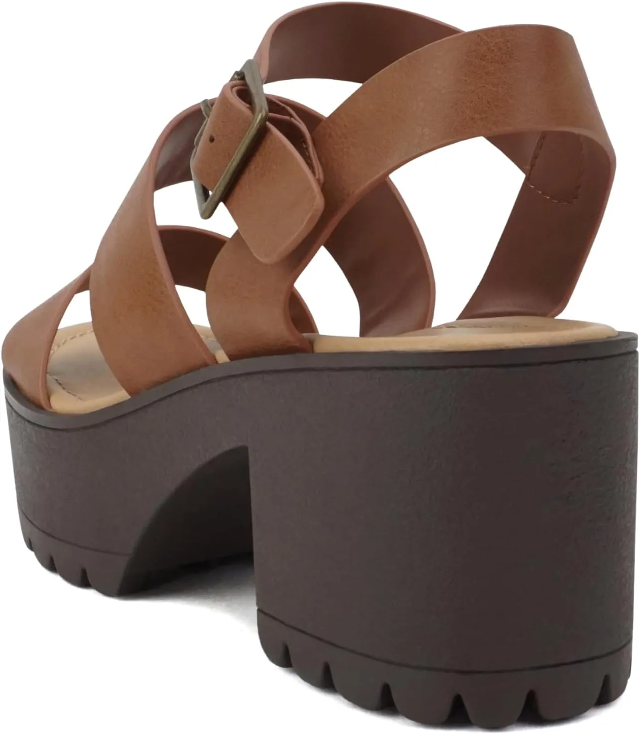 Soda ACCOUNT ~ Women Open Toe Two Bands Lug sole Fashion Block Heel Sandals with Adjustable Ankle Strap