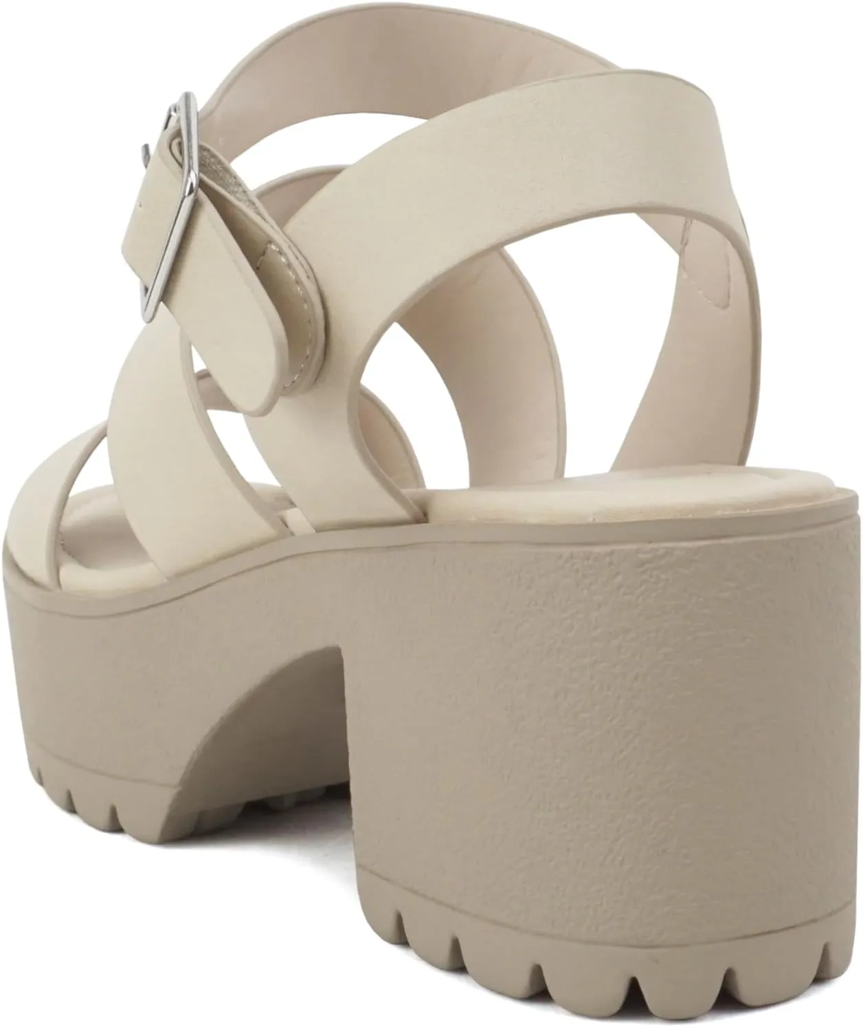 Soda ACCOUNT ~ Women Open Toe Two Bands Lug sole Fashion Block Heel Sandals with Adjustable Ankle Strap
