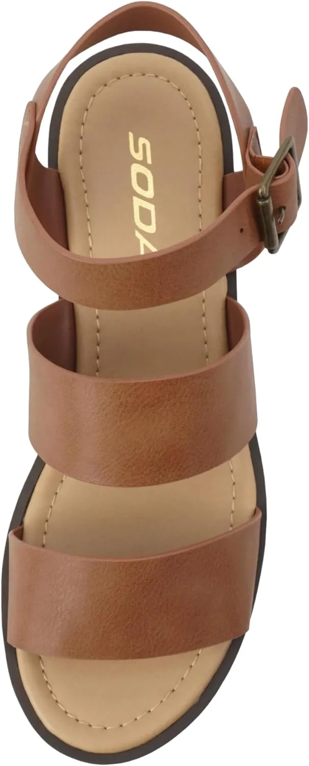 Soda ACCOUNT ~ Women Open Toe Two Bands Lug sole Fashion Block Heel Sandals with Adjustable Ankle Strap