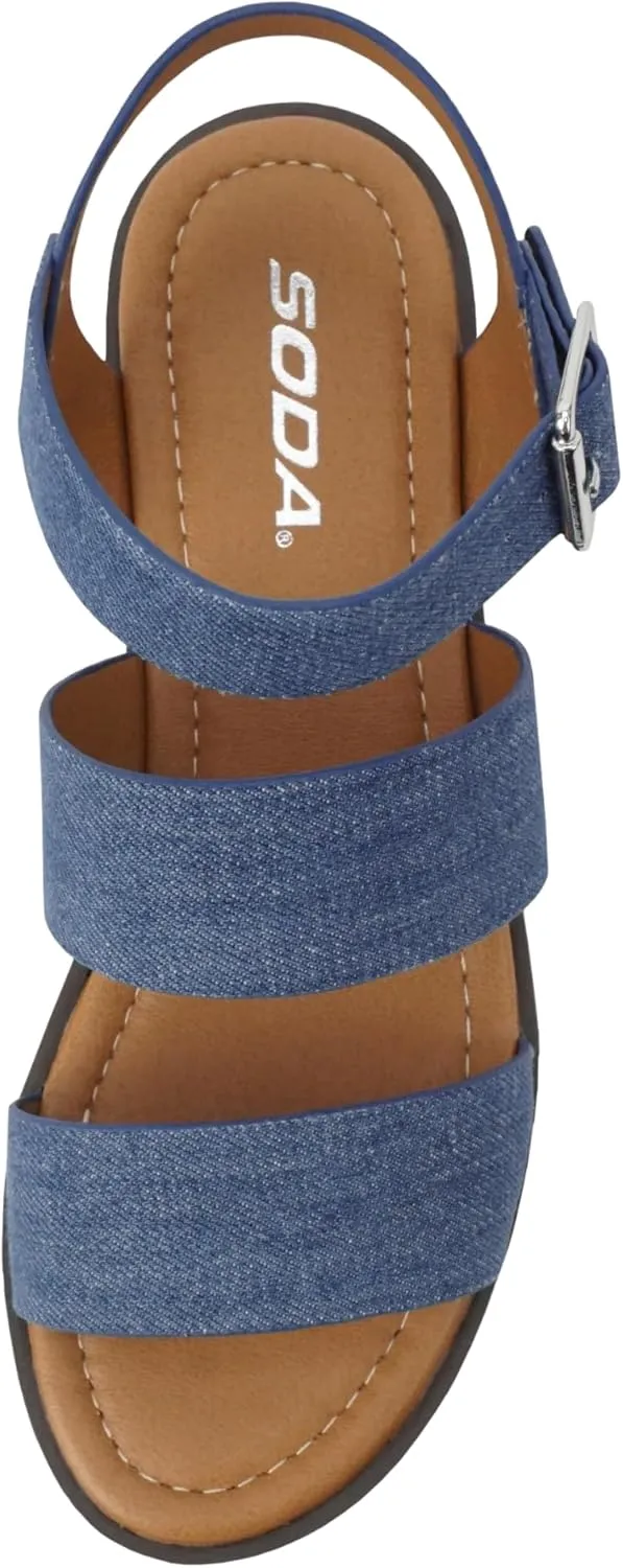 Soda ACCOUNT ~ Women Open Toe Two Bands Lug sole Fashion Block Heel Sandals with Adjustable Ankle Strap
