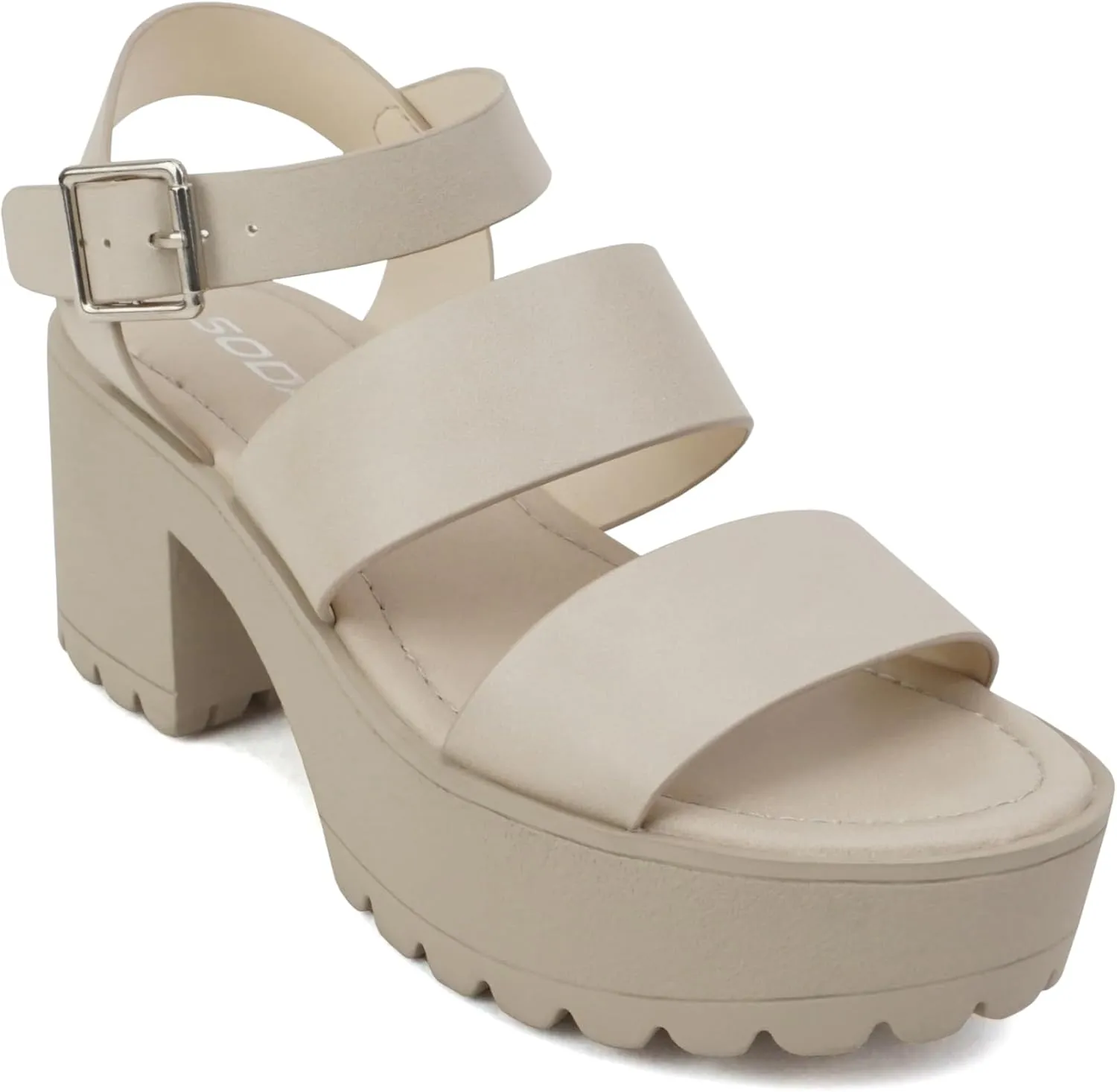 Soda ACCOUNT ~ Women Open Toe Two Bands Lug sole Fashion Block Heel Sandals with Adjustable Ankle Strap