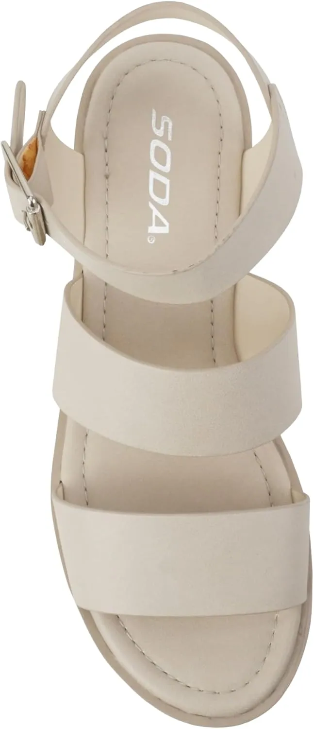 Soda ACCOUNT ~ Women Open Toe Two Bands Lug sole Fashion Block Heel Sandals with Adjustable Ankle Strap