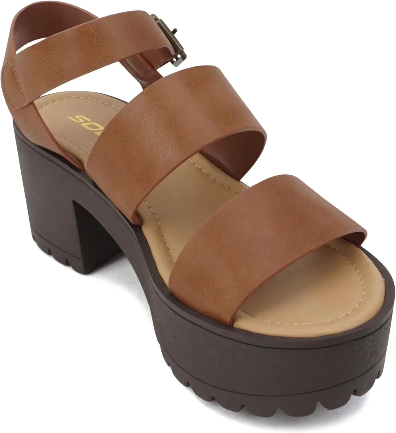 Soda ACCOUNT ~ Women Open Toe Two Bands Lug sole Fashion Block Heel Sandals with Adjustable Ankle Strap