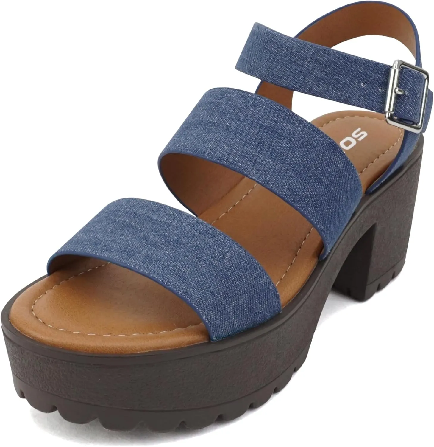 Soda ACCOUNT ~ Women Open Toe Two Bands Lug sole Fashion Block Heel Sandals with Adjustable Ankle Strap