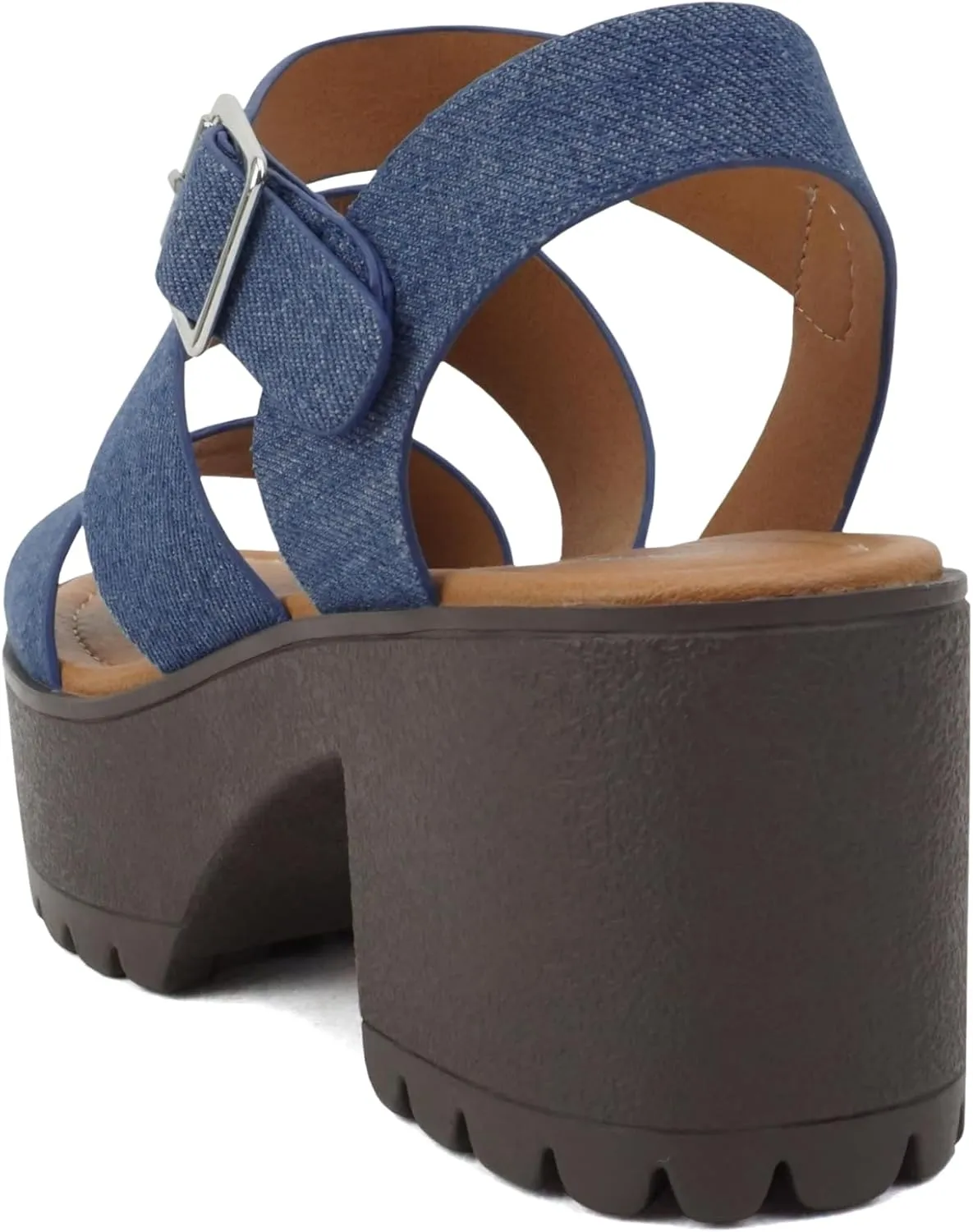 Soda ACCOUNT ~ Women Open Toe Two Bands Lug sole Fashion Block Heel Sandals with Adjustable Ankle Strap