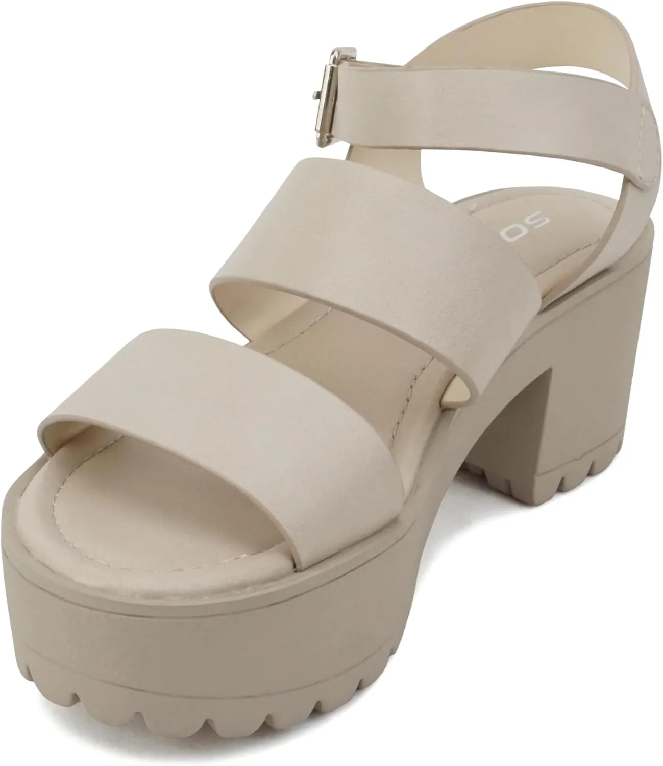 Soda ACCOUNT ~ Women Open Toe Two Bands Lug sole Fashion Block Heel Sandals with Adjustable Ankle Strap