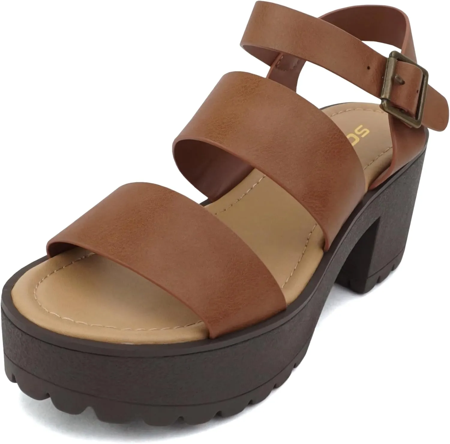 Soda ACCOUNT ~ Women Open Toe Two Bands Lug sole Fashion Block Heel Sandals with Adjustable Ankle Strap