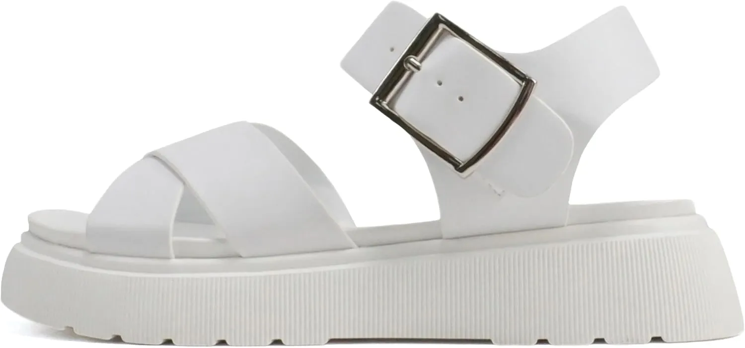 Soda “Carter” ~ Women Open Round Toe Crisscross Upper Lug Sole Platform Sandal with Adjustable Ankle Strap
